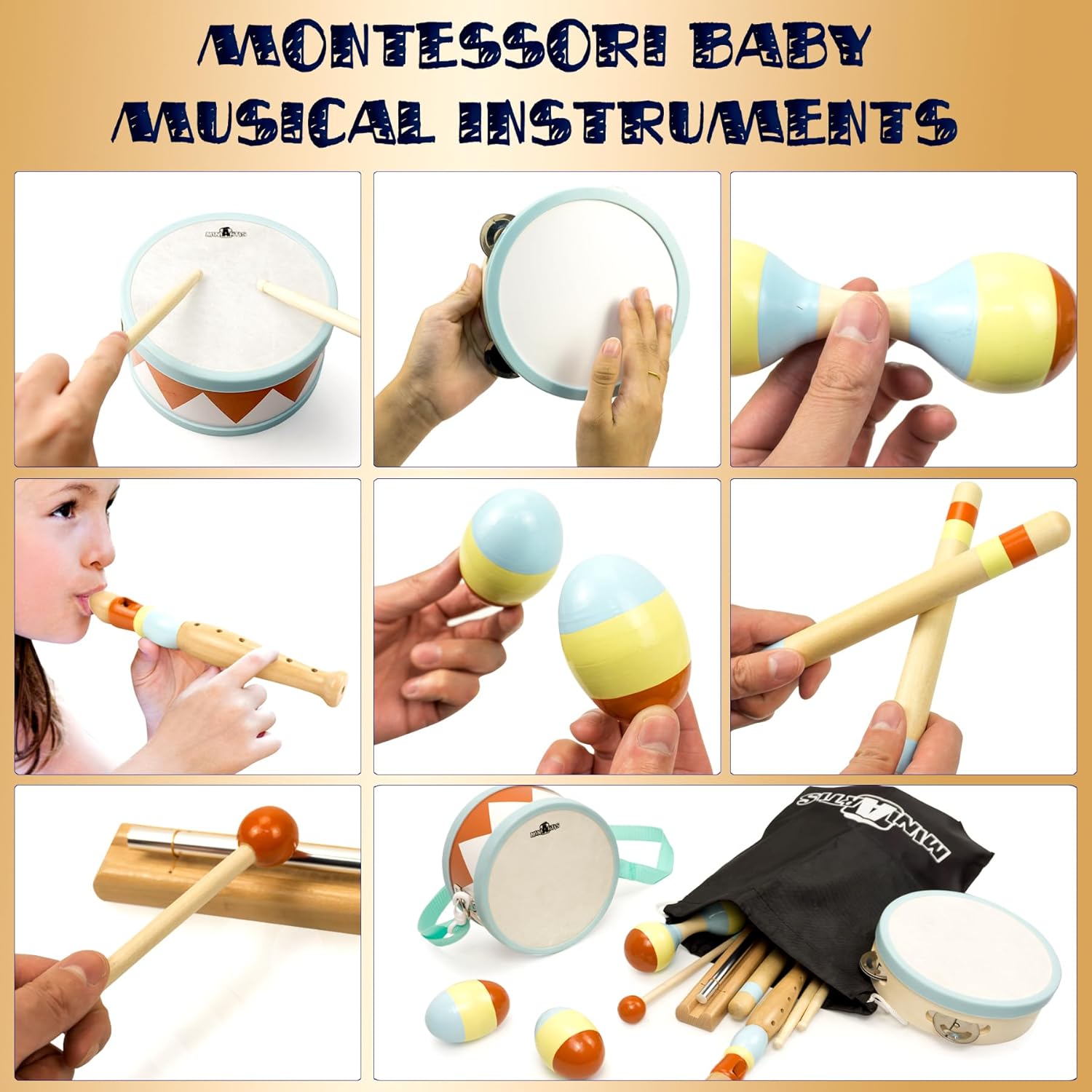 MINIARTIS Toddler Musical Instruments - Montessori Wooden Musical Toys for Toddlers 1-3 | Modern Boho Baby Drum Set with Neutral Colors Percussion Instruments | Kids Preschool Educational